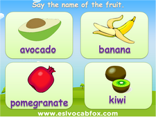 Fruits and Vegetables, ESL PPT, apple, avocado, banana, kiwi, pear, peach, PowerPoint Lesson.  