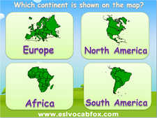 Maps of Continents and Countries, ESL PowerPoint lesson on teaching children maps and names of places in the world.