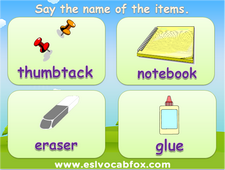 School items and accessories PPT lesson, English language words, eraser, notebook, textbook, school bus, teacher etc.