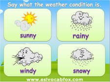 Seasons and Weather ESL PowerPoint, English Language vocabulary, rainy, sunny, windy, snow, storm etc. 