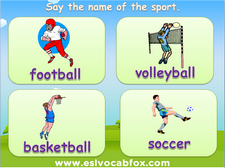 Names of Sports PowerPoint lessons, ESL / English Language PPT, football, volley ball, basketball, soccer, swimming etc. 